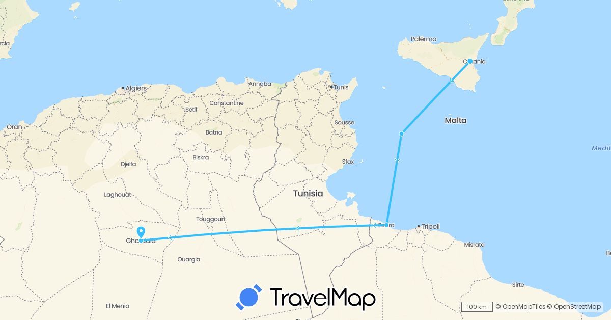TravelMap itinerary: driving, boat in Algeria, Italy, Libya (Africa, Europe)