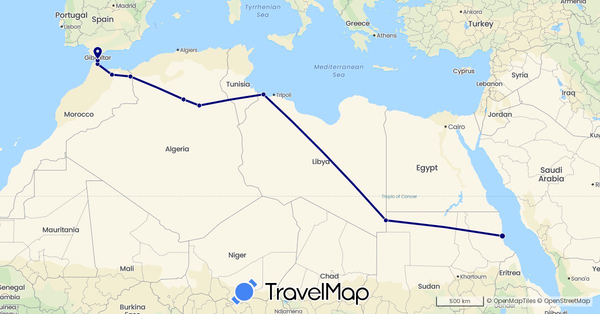 TravelMap itinerary: driving in Algeria, Spain, Libya, Sudan (Africa, Europe)